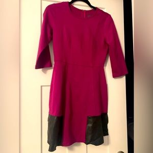 Midi pink dress with black leather patches. Size Medium.